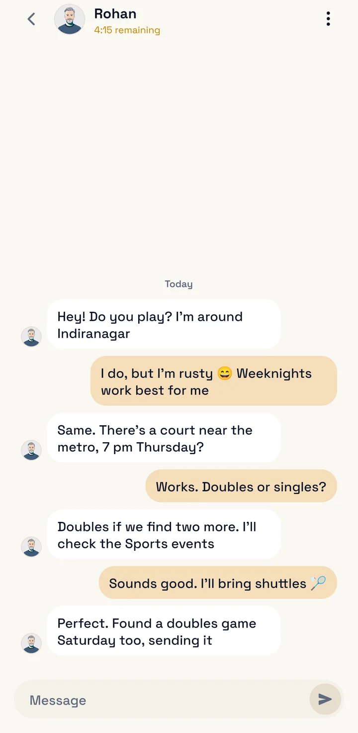 A one-to-one chat with the minutes left shown under the name