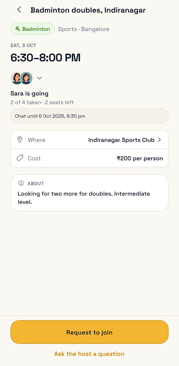 An event page with the date, time, place and cost